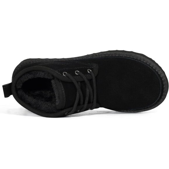 Women's Black aux Fur Ankle Lined Short Lace Up Snow Mini Booties Shoes - Picture 4 of 7